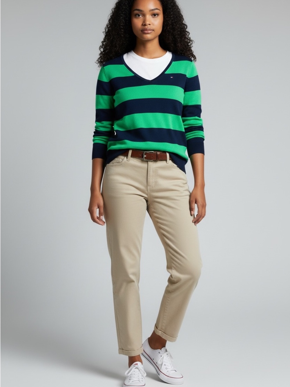 Tommy Hilfiger Preppy Men's XL Green Navy Striped V-Neck Pima Cotton Sweater